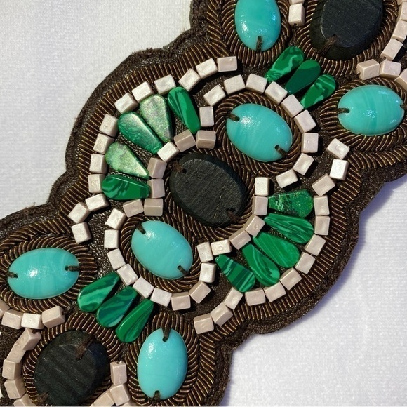 STELLA & DOT Cortez Cuff Turquoise, Green Glass, Brown Leather One Size (EUC) - Picture 4 of 14